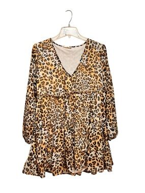 Leopard Print V-Neck Tiered Womens Dress - Brown